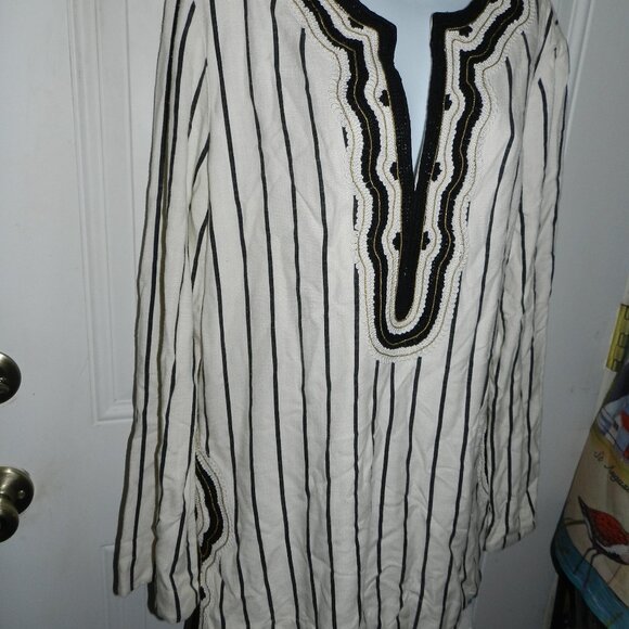 TORY BURCH ‘Filipa’ Black & White Striped Kaftan Linen Tunic size12 🆕⌚📦🏃💨🚚 - Picture 3 of 16